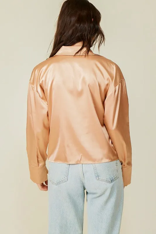 Taupe Long Sleeve Collared Surplice Satin Top