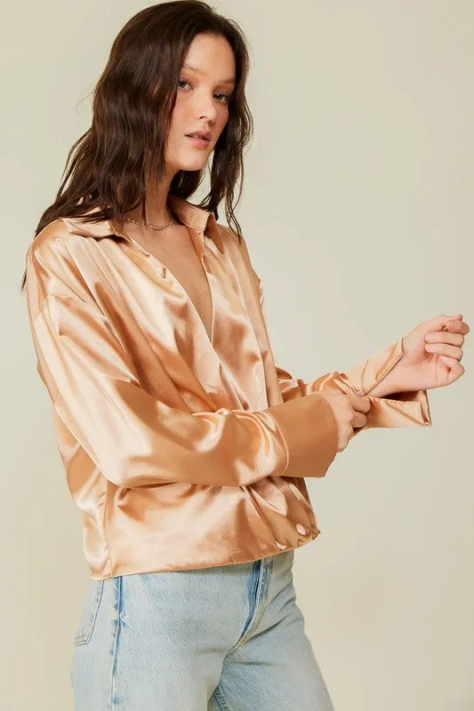 Taupe Long Sleeve Collared Surplice Satin Top
