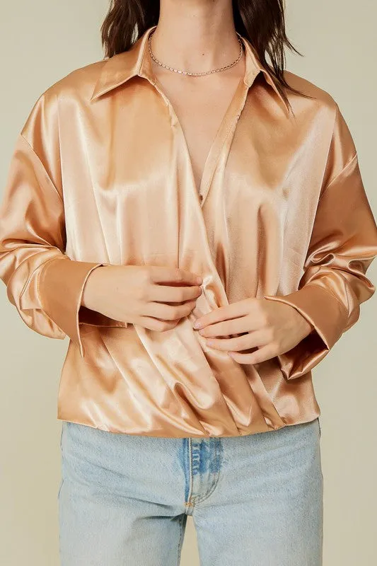 Taupe Long Sleeve Collared Surplice Satin Top
