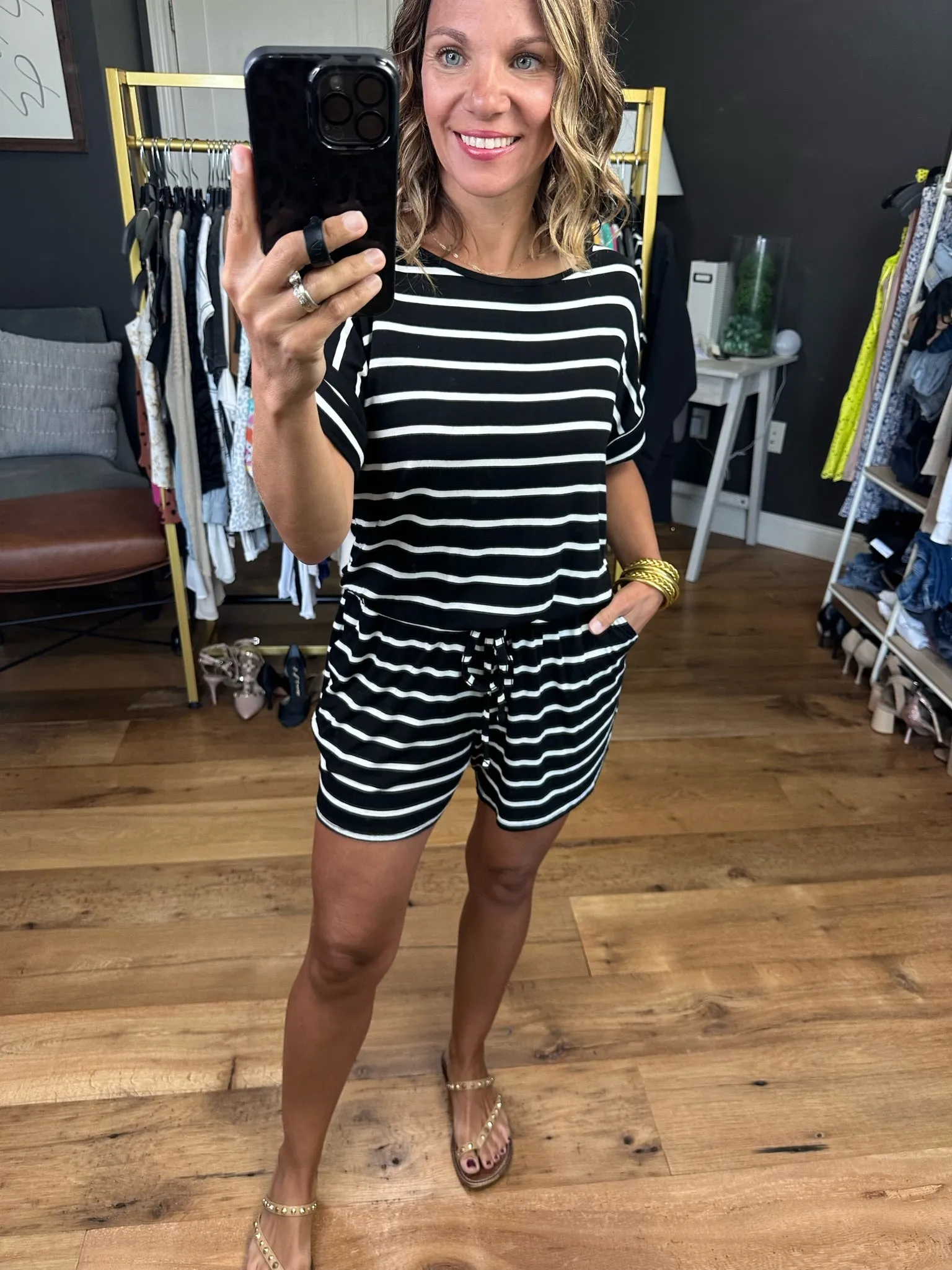 Think More Striped Romper - Black/Ivory