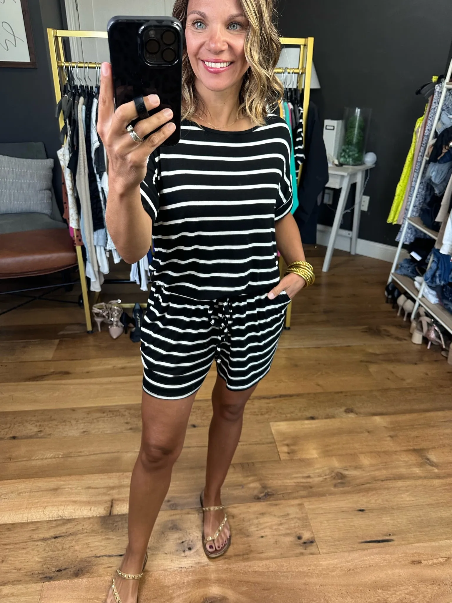 Think More Striped Romper - Black/Ivory