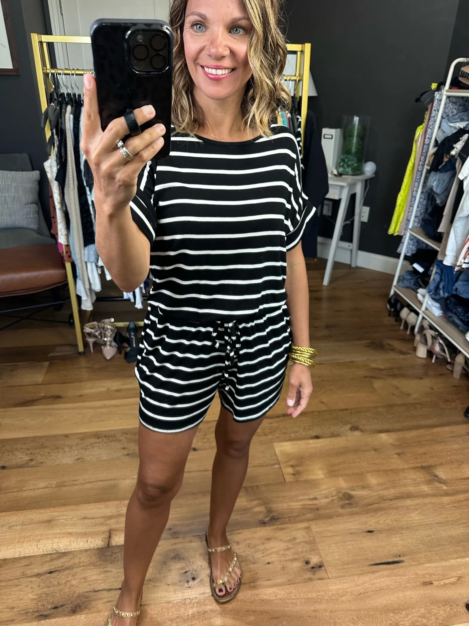 Think More Striped Romper - Black/Ivory