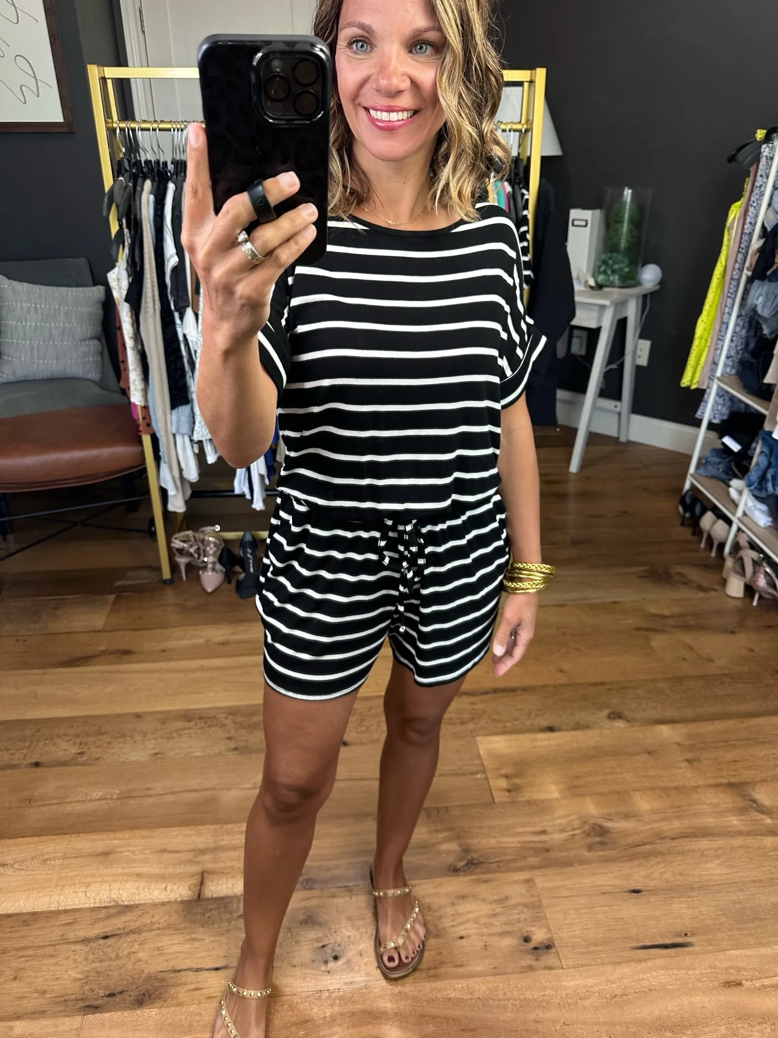 Think More Striped Romper - Black/Ivory