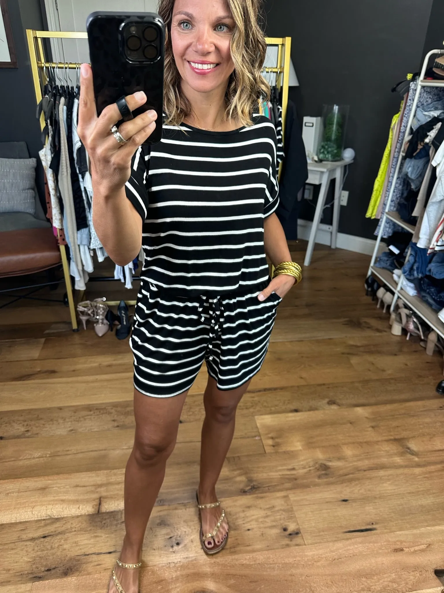 Think More Striped Romper - Black/Ivory