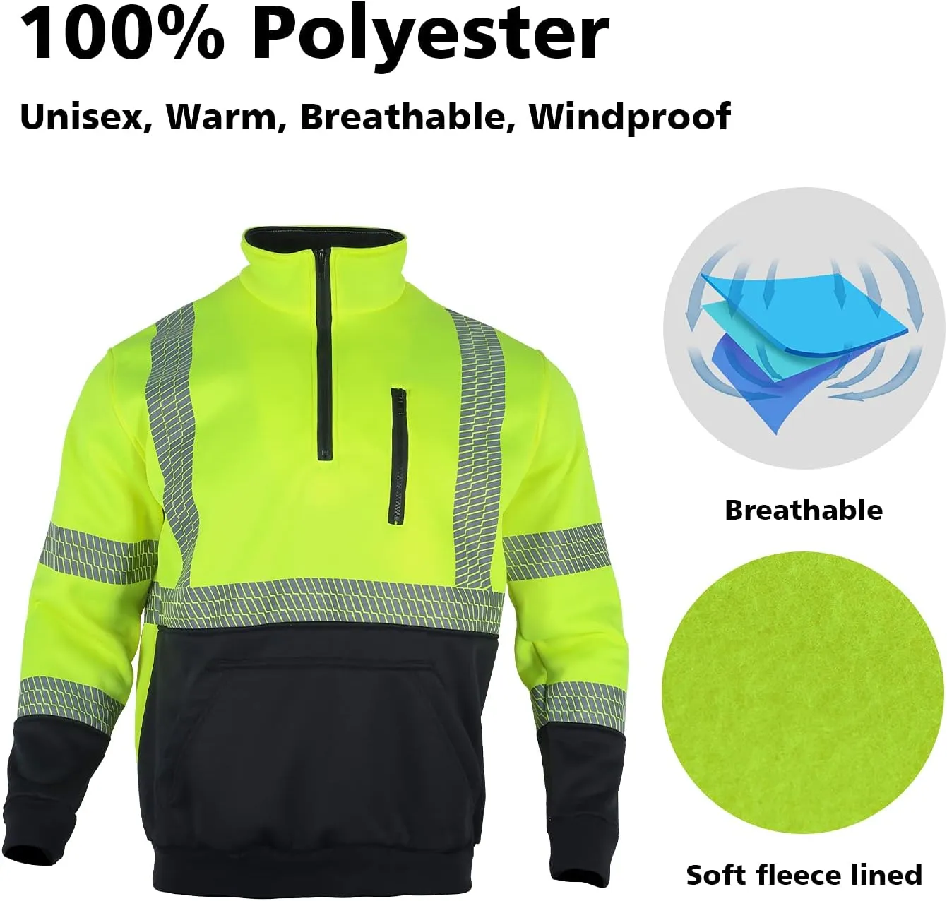 VENDACE Hi Vis Safety Reflective Sweatshirt for Men ANSI Class 3 High Visibility Fleece 1/4 Zipper Jacket No Hood (Yellow,XL)
