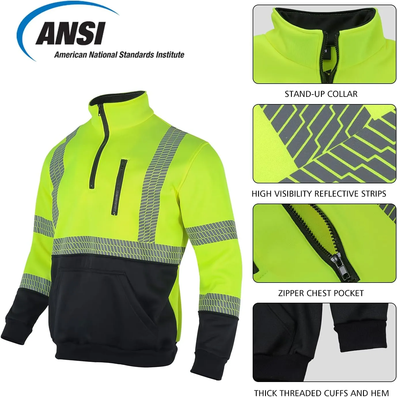 VENDACE Hi Vis Safety Reflective Sweatshirt for Men ANSI Class 3 High Visibility Fleece 1/4 Zipper Jacket No Hood (Yellow,XL)