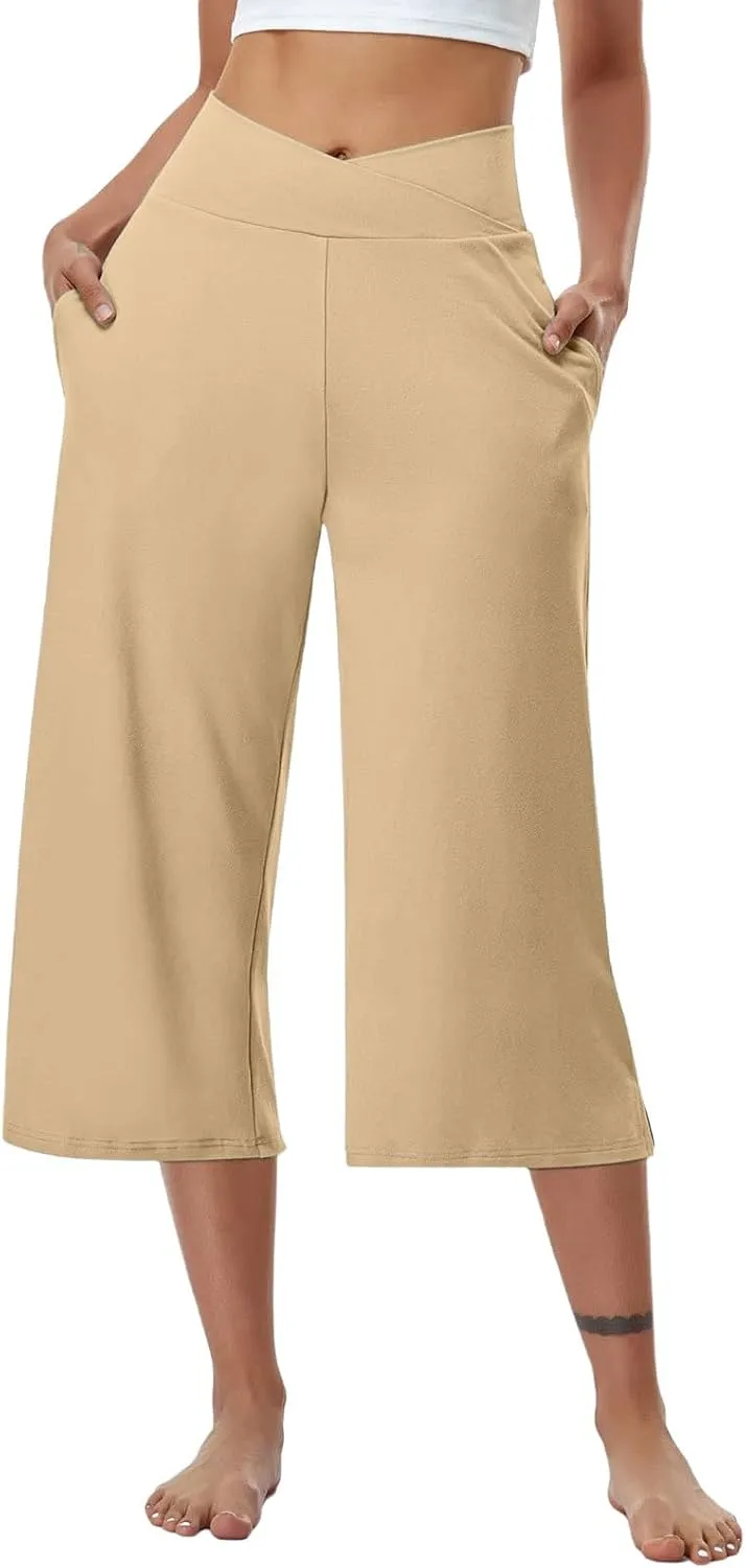 Wide Leg Capri Pants for Women Crossover High Waisted Yoga Pants Summer Loose Fitting Soft Capris with Pockets