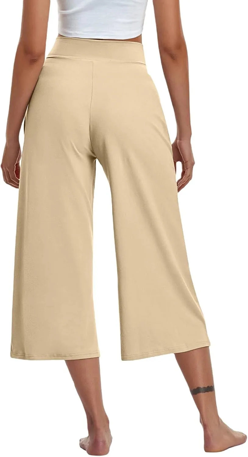 Wide Leg Capri Pants for Women Crossover High Waisted Yoga Pants Summer Loose Fitting Soft Capris with Pockets