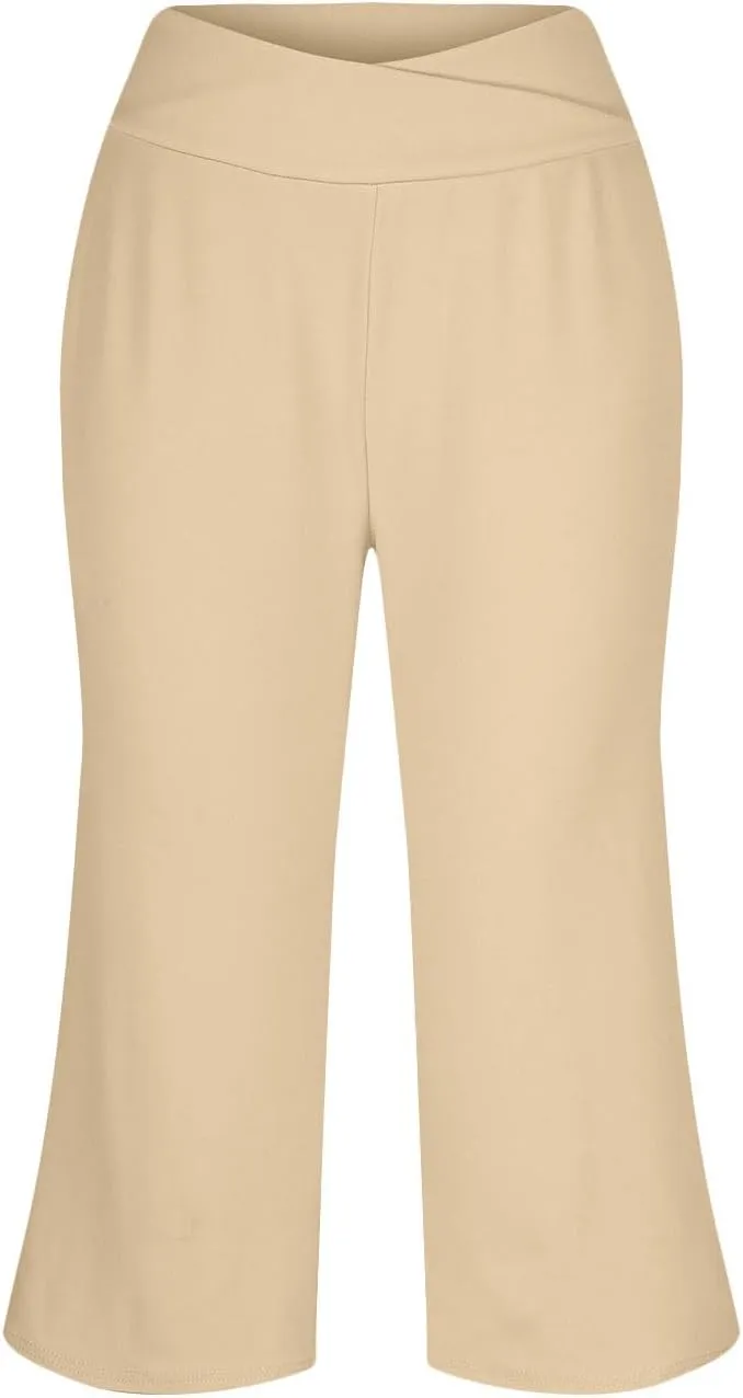 Wide Leg Capri Pants for Women Crossover High Waisted Yoga Pants Summer Loose Fitting Soft Capris with Pockets