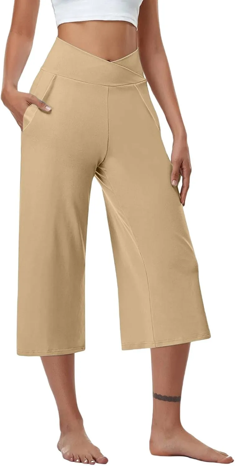 Wide Leg Capri Pants for Women Crossover High Waisted Yoga Pants Summer Loose Fitting Soft Capris with Pockets
