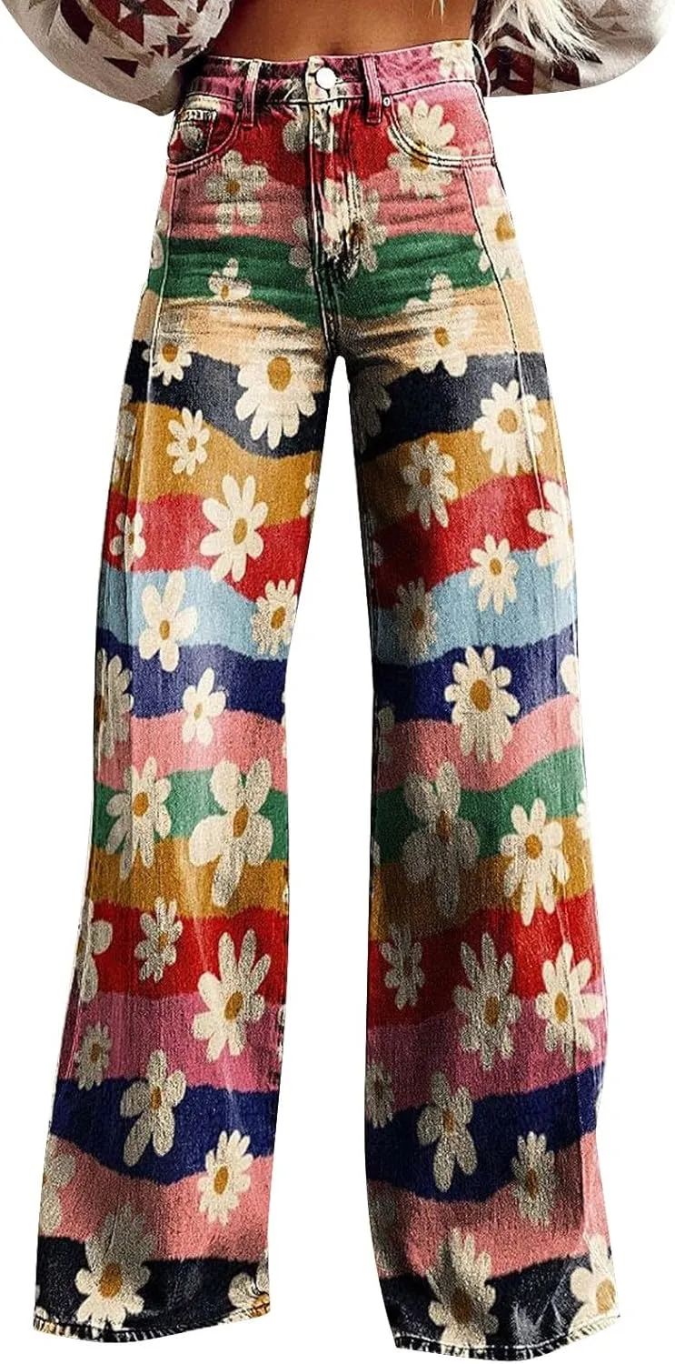 Wide Leg Flare Jeans for Women with Pockets Baggy Pants Vintage Floral Print High Waisted Loose Pant