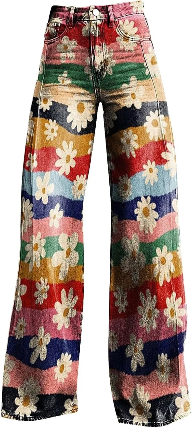 Wide Leg Flare Jeans for Women with Pockets Baggy Pants Vintage Floral Print High Waisted Loose Pant