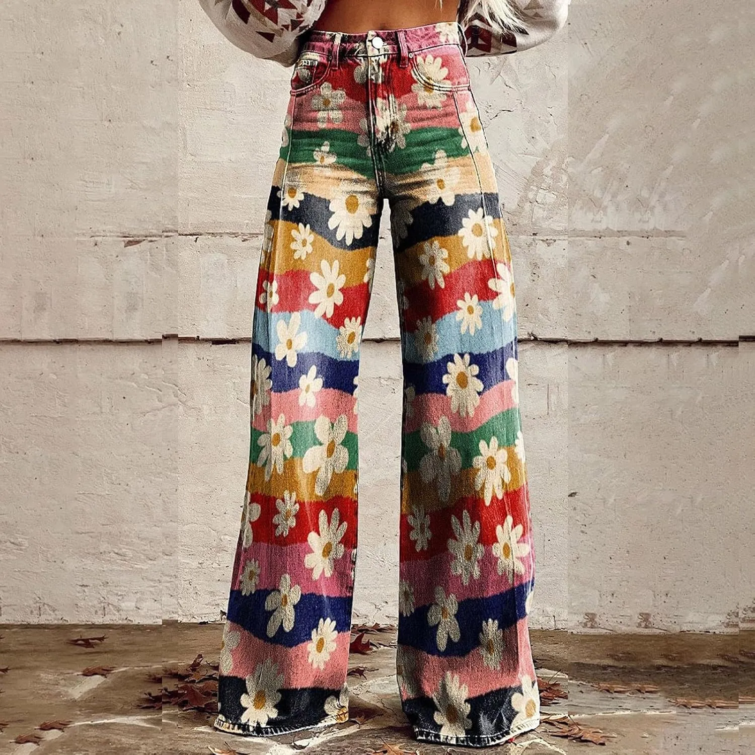 Wide Leg Flare Jeans for Women with Pockets Baggy Pants Vintage Floral Print High Waisted Loose Pant