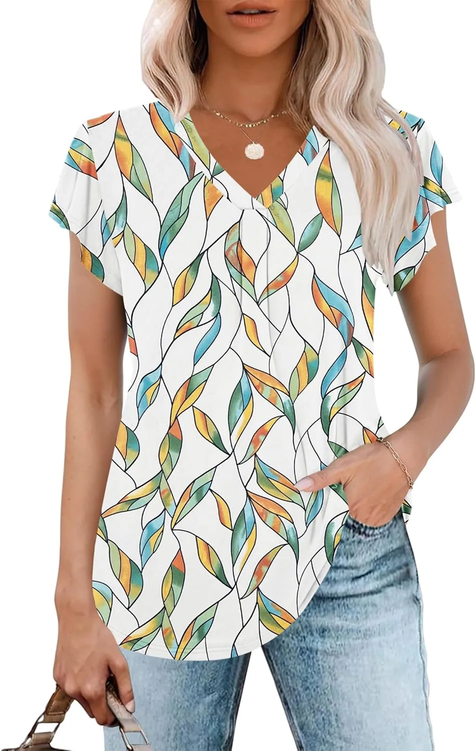 WNEEDU Women's Summer Tops Ruffle Sleeve V Neck Tunic Tops Casual Loose Fit Shirts Blouses