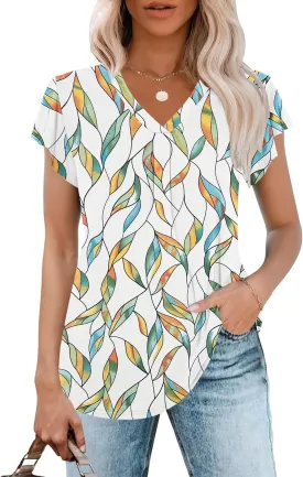 WNEEDU Women's Summer Tops Ruffle Sleeve V Neck Tunic Tops Casual Loose Fit Shirts Blouses WNEEDU Women's Summer Tops Ruffle Sleeve V Neck Tunic Tops Casual Loose Fit Shirts Blouses