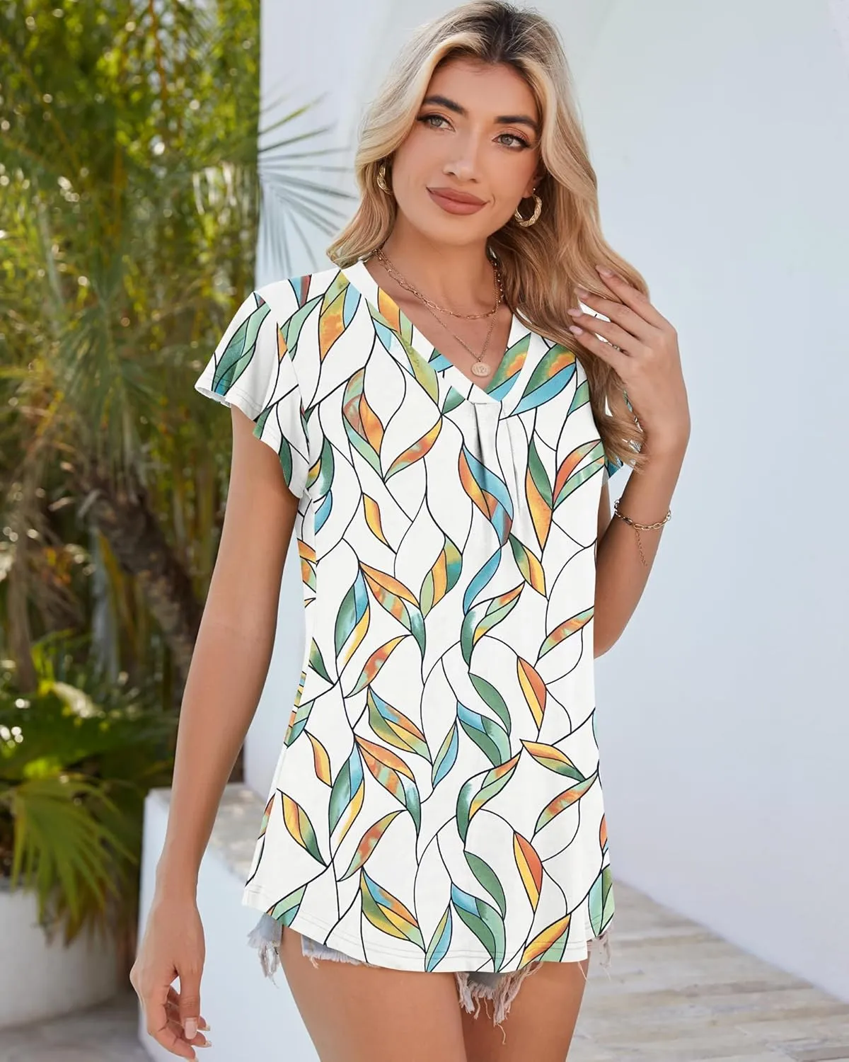 WNEEDU Women's Summer Tops Ruffle Sleeve V Neck Tunic Tops Casual Loose Fit Shirts Blouses