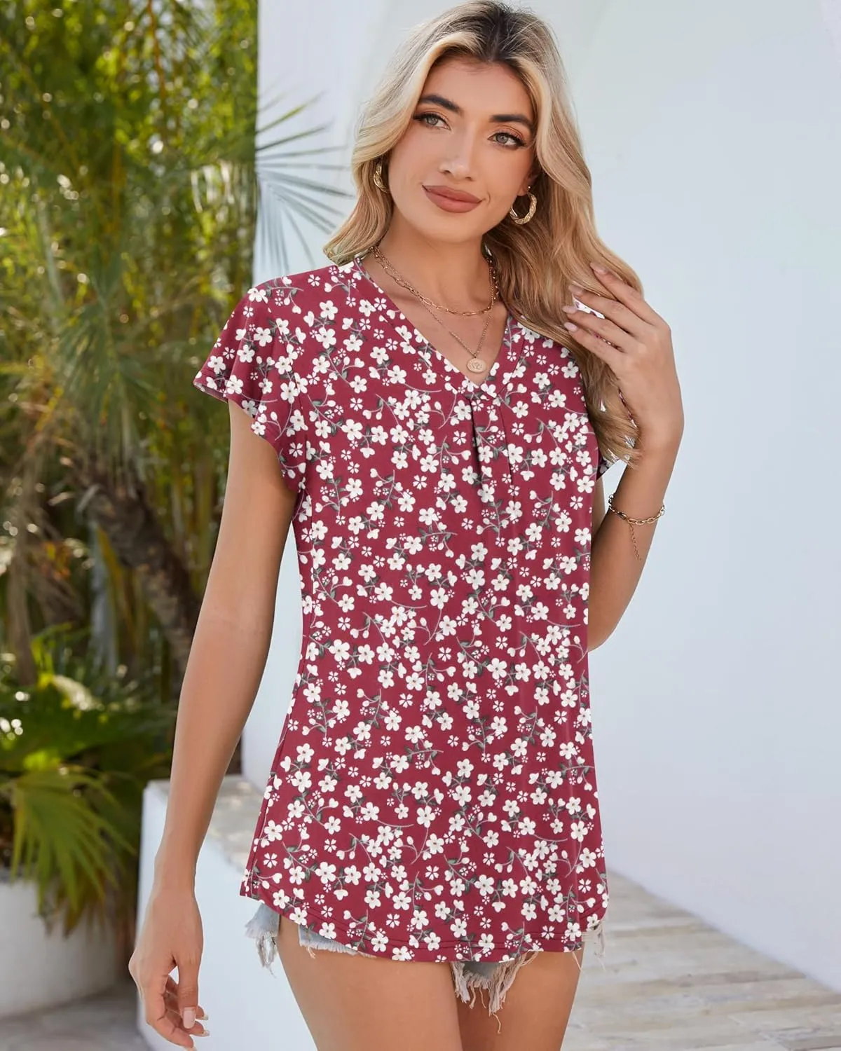 WNEEDU Women's Summer Tops Ruffle Sleeve V Neck Tunic Tops Casual Loose Fit Shirts Blouses