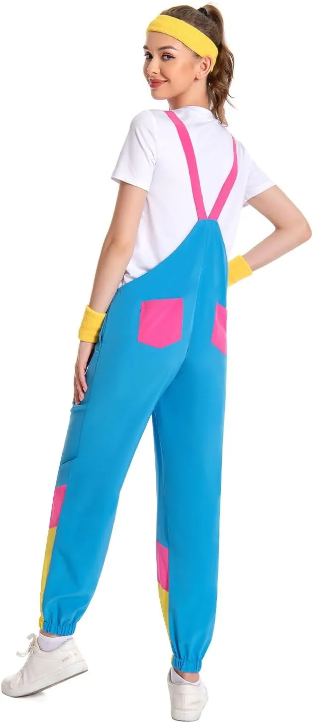 Women 80s Bib Overalls Pants Color Block Tracksuit Casual Loose Jumpsuit Adjustable Straps Pockets 4 Pcs
