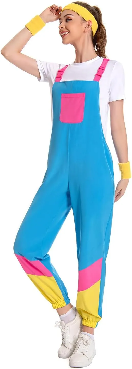 Women 80s Bib Overalls Pants Color Block Tracksuit Casual Loose Jumpsuit Adjustable Straps Pockets 4 Pcs
