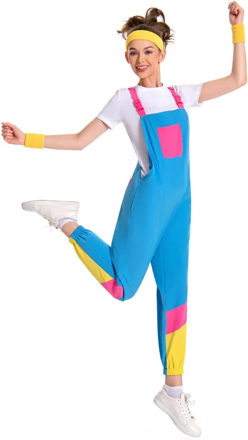 Women 80s Bib Overalls Pants Color Block Tracksuit Casual Loose Jumpsuit Adjustable Straps Pockets 4 Pcs
