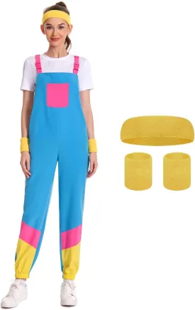 Women 80s Bib Overalls Pants Color Block Tracksuit Casual Loose Jumpsuit Adjustable Straps Pockets 4 Pcs
