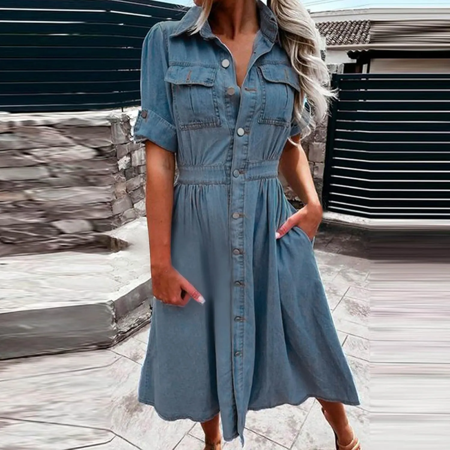 Women Denim Shirt Dresses Short Sleeve Distressed Jean Dress Button Down Casual Overall Summer Tunic Top Midi Dress