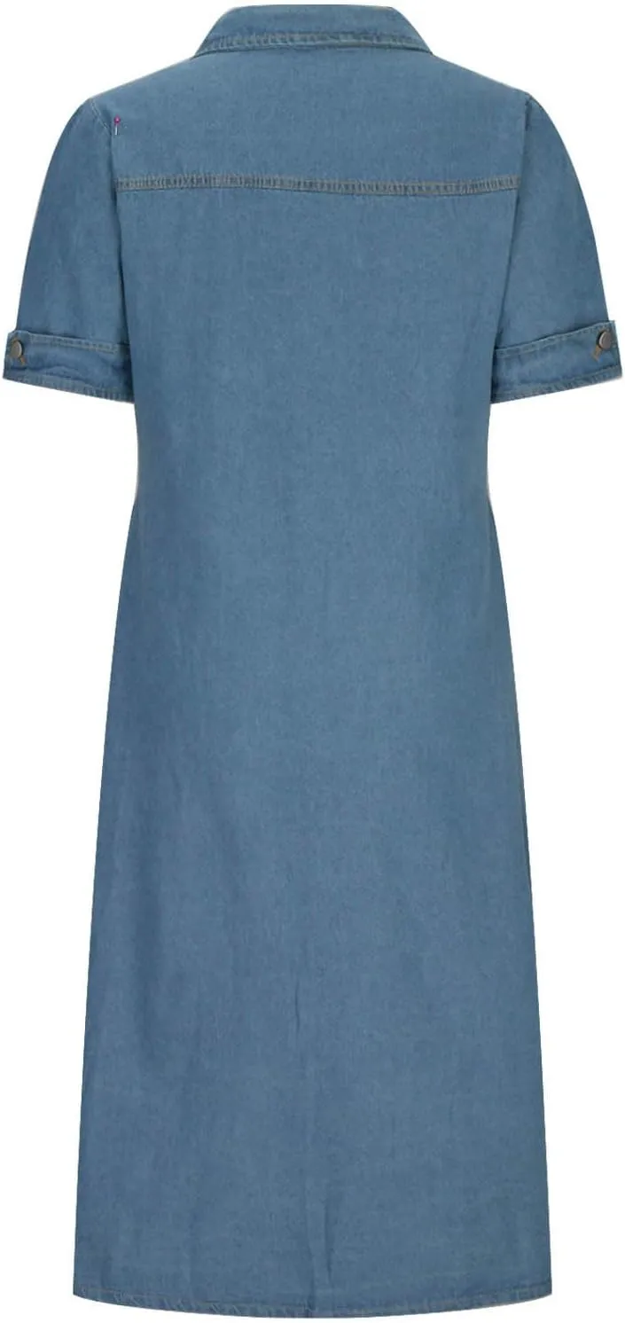 Women Denim Shirt Dresses Short Sleeve Distressed Jean Dress Button Down Casual Overall Summer Tunic Top Midi Dress