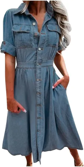 Women Denim Shirt Dresses Short Sleeve Distressed Jean Dress Button Down Casual Overall Summer Tunic Top Midi Dress
