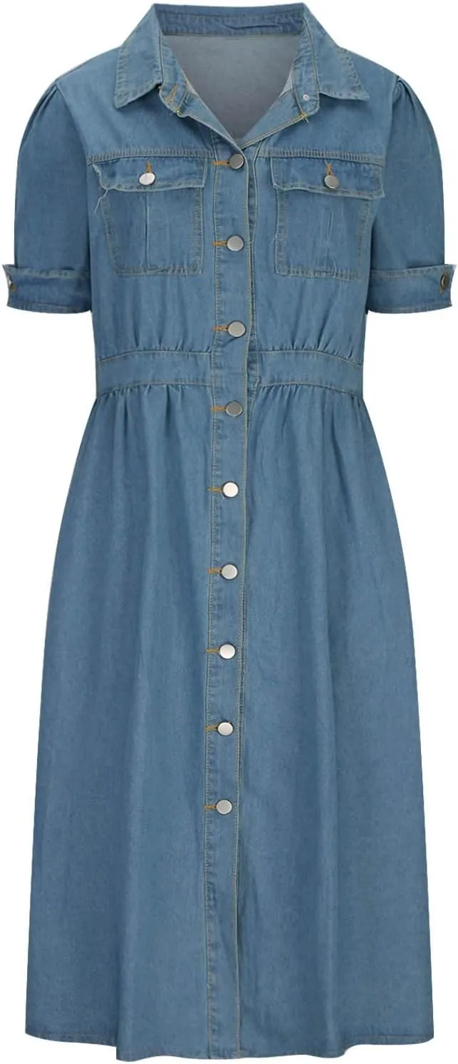 Women Denim Shirt Dresses Short Sleeve Distressed Jean Dress Button Down Casual Overall Summer Tunic Top Midi Dress