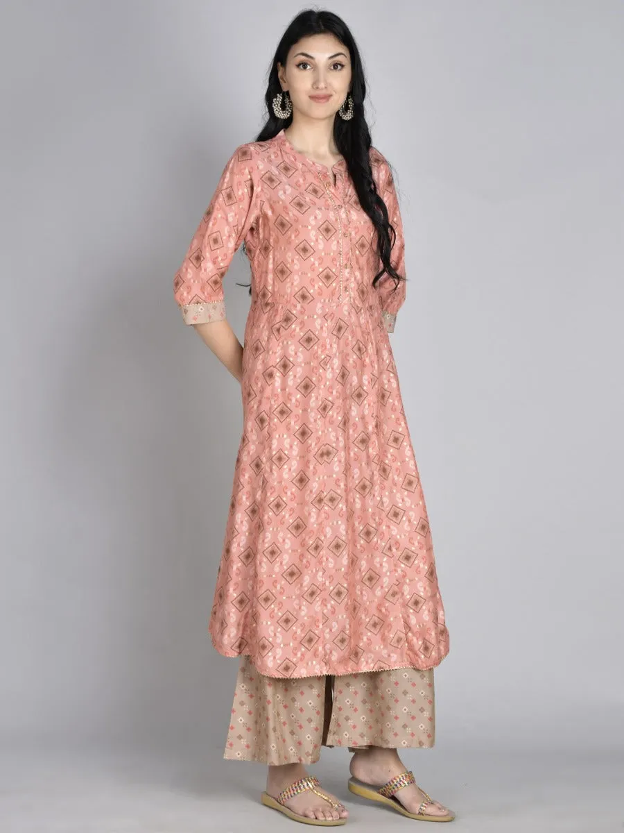 Women Pink Geometric Printed Kurta Wide Leg Bottom Dupatta