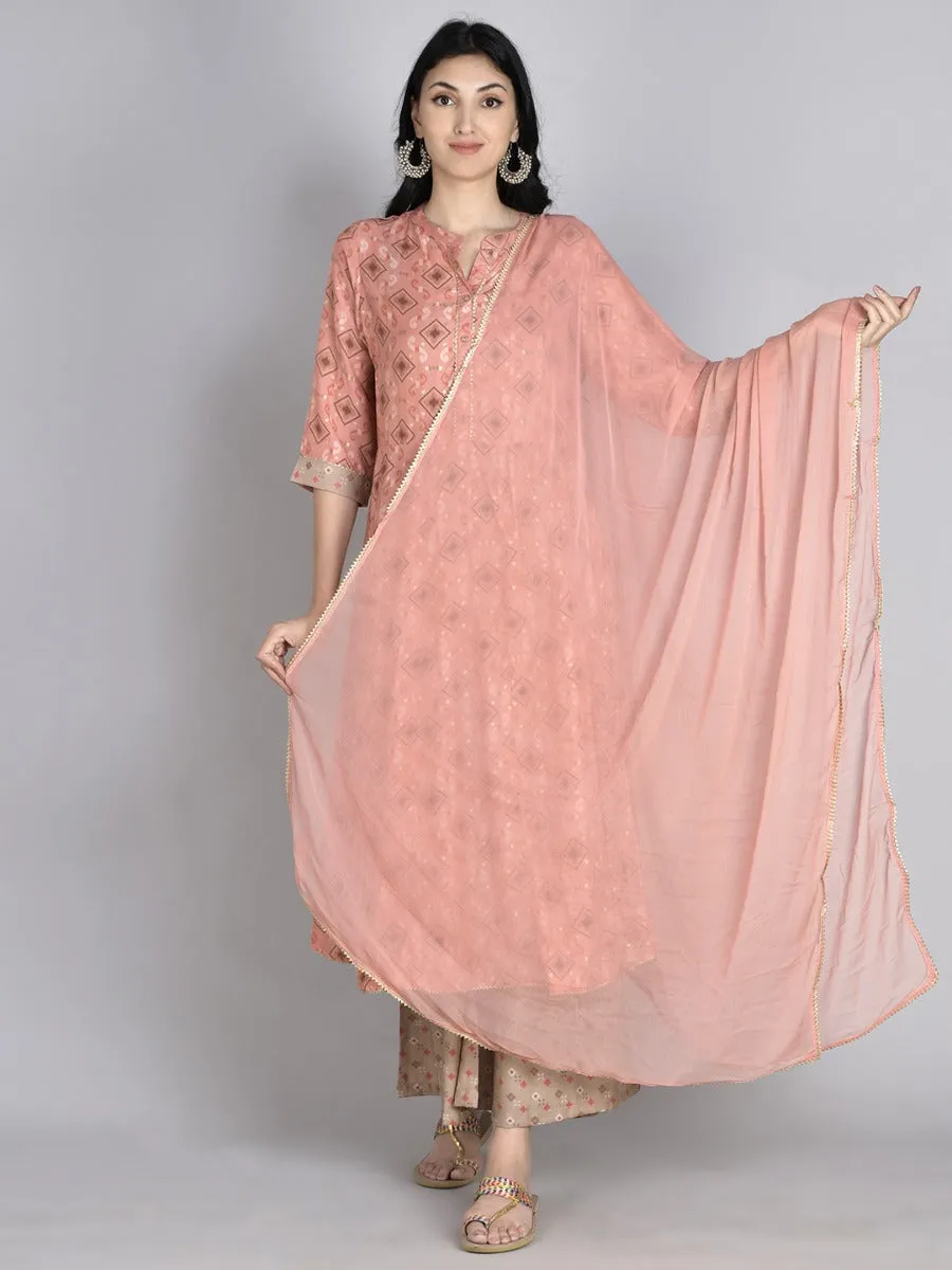 Women Pink Geometric Printed Kurta Wide Leg Bottom Dupatta