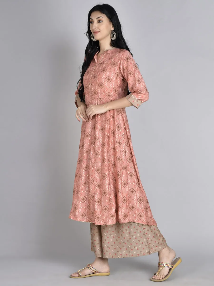 Women Pink Geometric Printed Kurta Wide Leg Bottom Dupatta