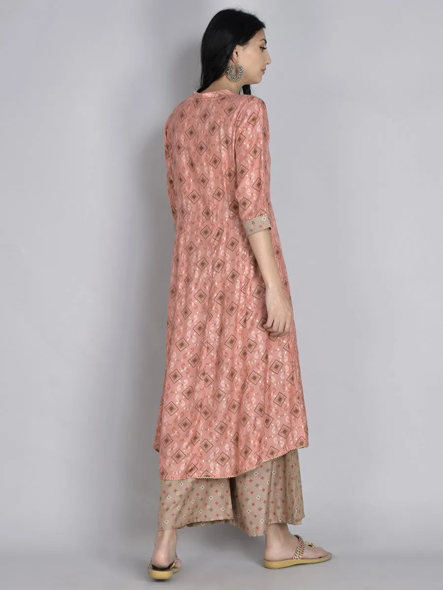Women Pink Geometric Printed Kurta Wide Leg Bottom Dupatta