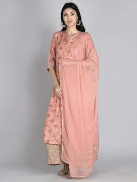 Women Pink Geometric Printed Kurta Wide Leg Bottom Dupatta