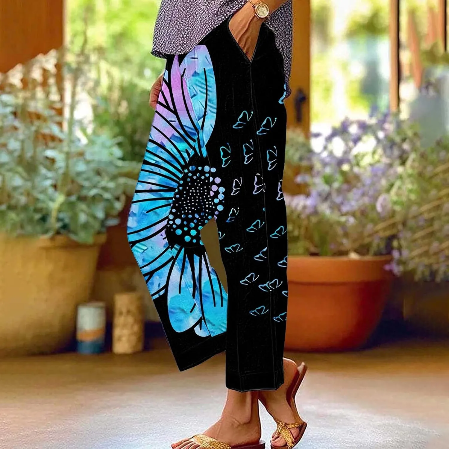 Women's Casual Boho Floral Printed Cotton Linen Pant Elastic Waisted Drawstring Summer Beach Baggy Capri with Pockets