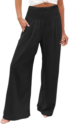 Womens Casual High Waisted Linen Pants Elastic High Waisted Beach Trousers Summer Casual Loose Wide Leg Palazzo Pants
