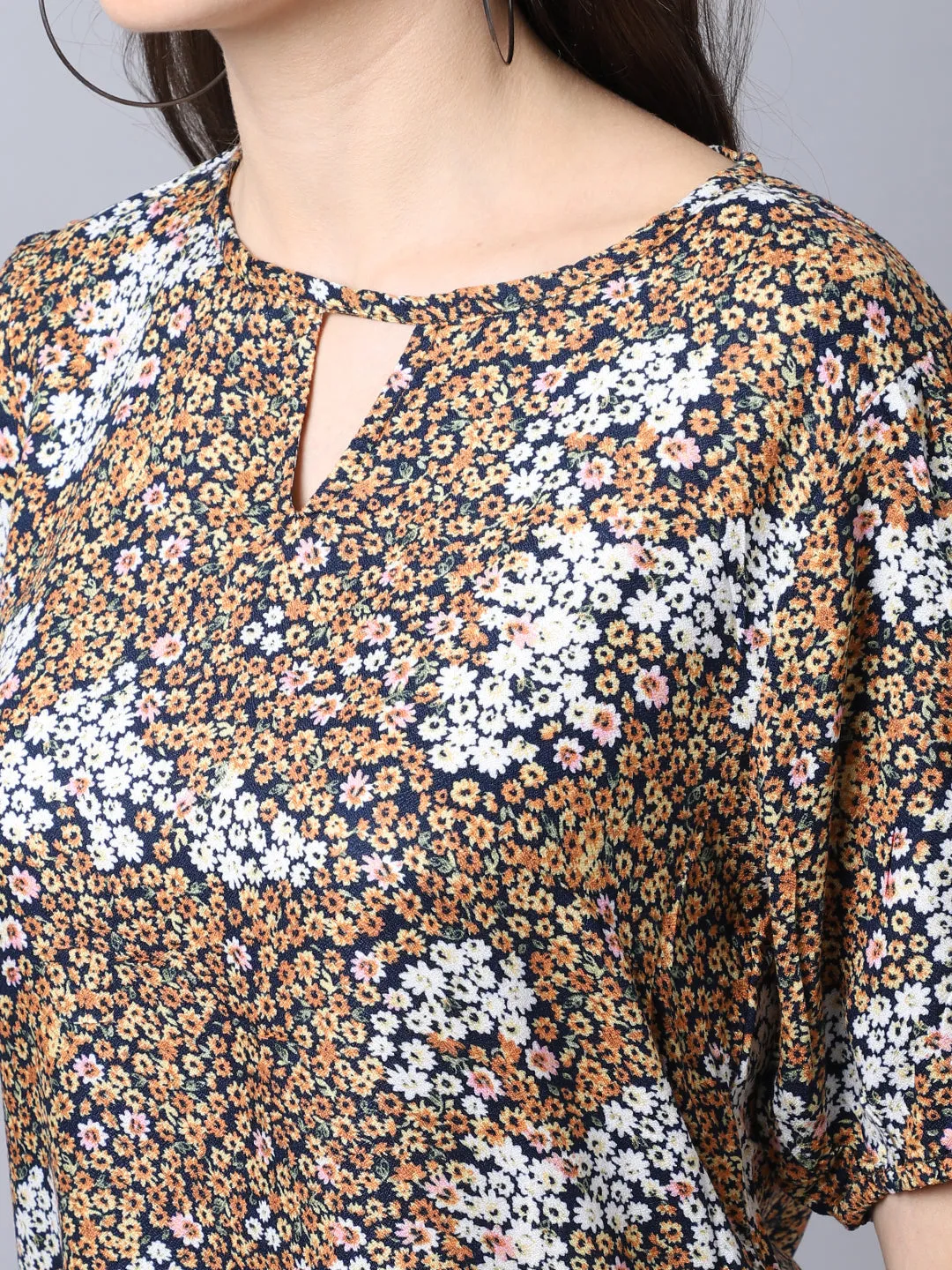Women's Casual  Yellow Floral Print Round neck with keyhole Top