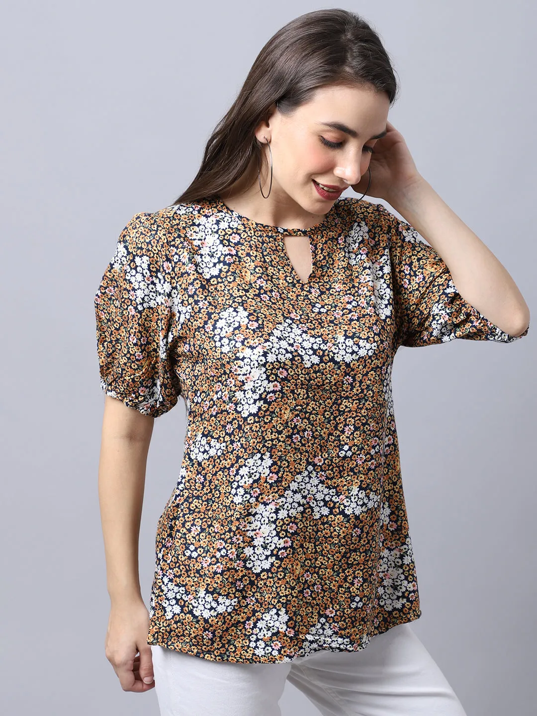 Women's Casual  Yellow Floral Print Round neck with keyhole Top