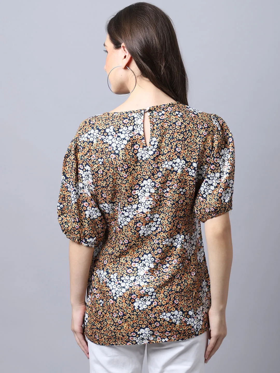 Women's Casual  Yellow Floral Print Round neck with keyhole Top