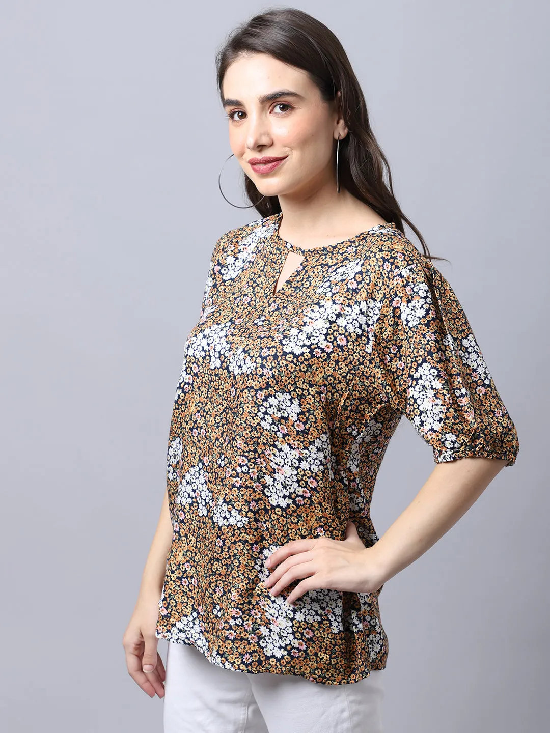 Women's Casual  Yellow Floral Print Round neck with keyhole Top