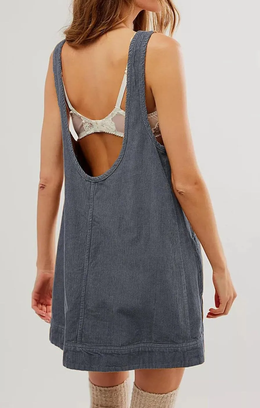 Women's Corduroy Overall Dress Round Neck A Line Skirtall Jumper Pinafore Mini Dress with Pockets