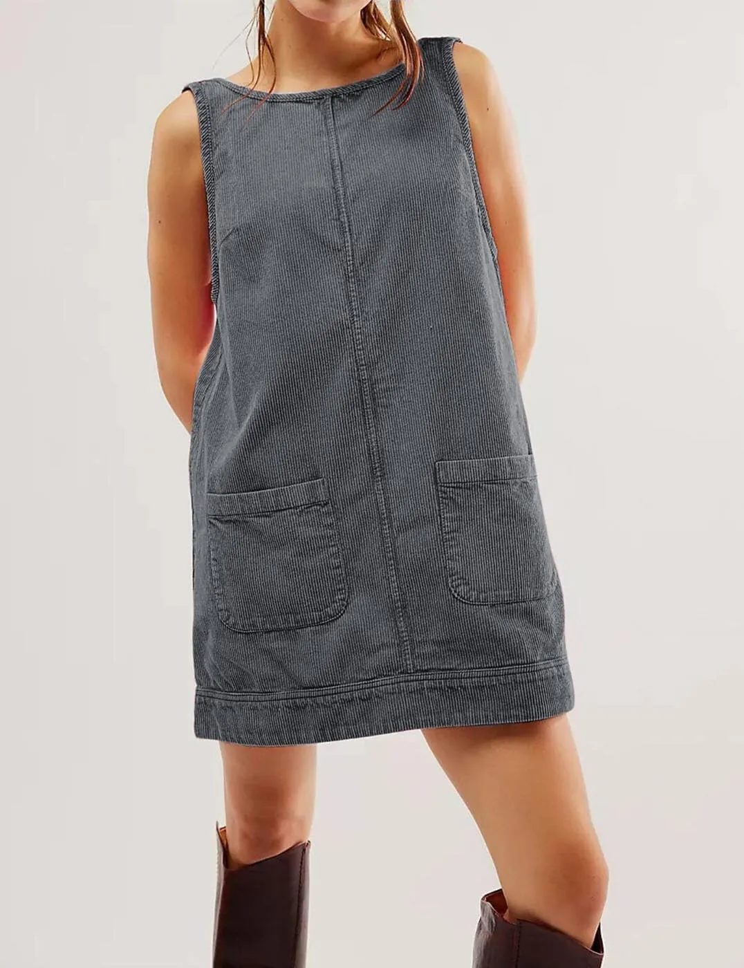 Women's Corduroy Overall Dress Round Neck A Line Skirtall Jumper Pinafore Mini Dress with Pockets