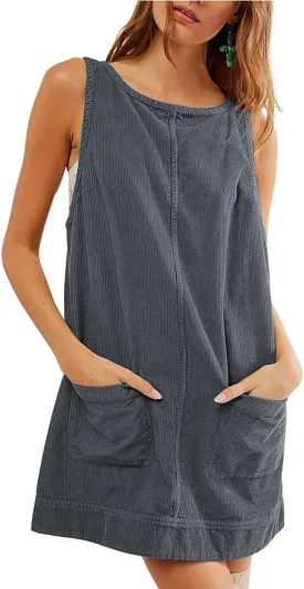 Women's Corduroy Overall Dress Round Neck A Line Skirtall Jumper Pinafore Mini Dress with Pockets