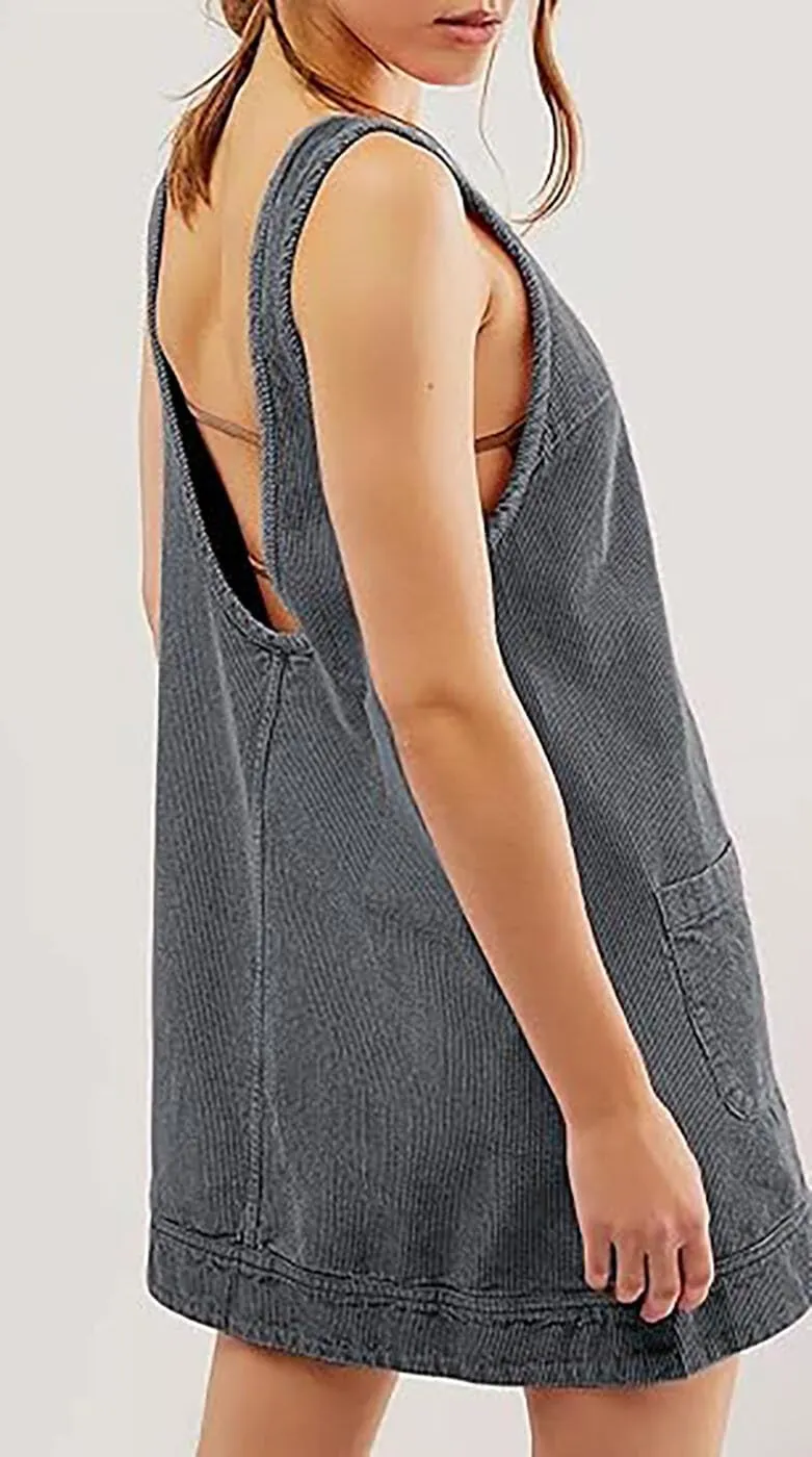Women's Corduroy Overall Dress Round Neck A Line Skirtall Jumper Pinafore Mini Dress with Pockets