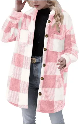 Womens Flannel Shacket Jacket Casual Sherpa Plaid Long Sleeve Shirt Trendy Oversized Coats Fall Clothes Winter Outfit