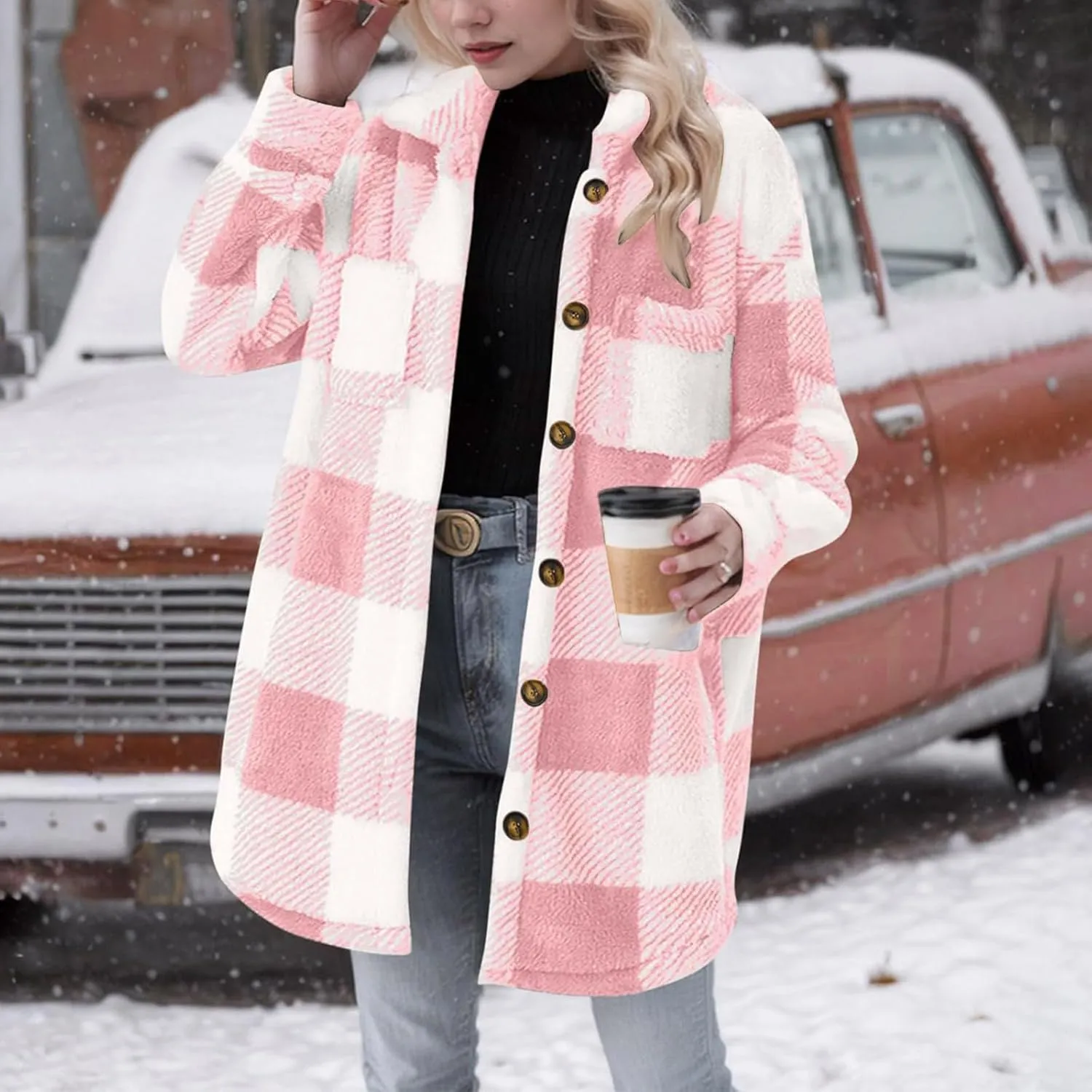 Womens Flannel Shacket Jacket Casual Sherpa Plaid Long Sleeve Shirt Trendy Oversized Coats Fall Clothes Winter Outfit