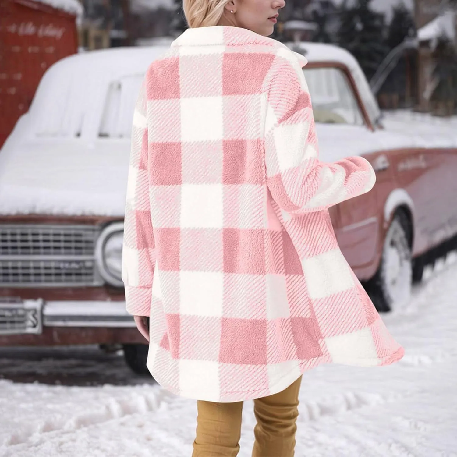 Womens Flannel Shacket Jacket Casual Sherpa Plaid Long Sleeve Shirt Trendy Oversized Coats Fall Clothes Winter Outfit