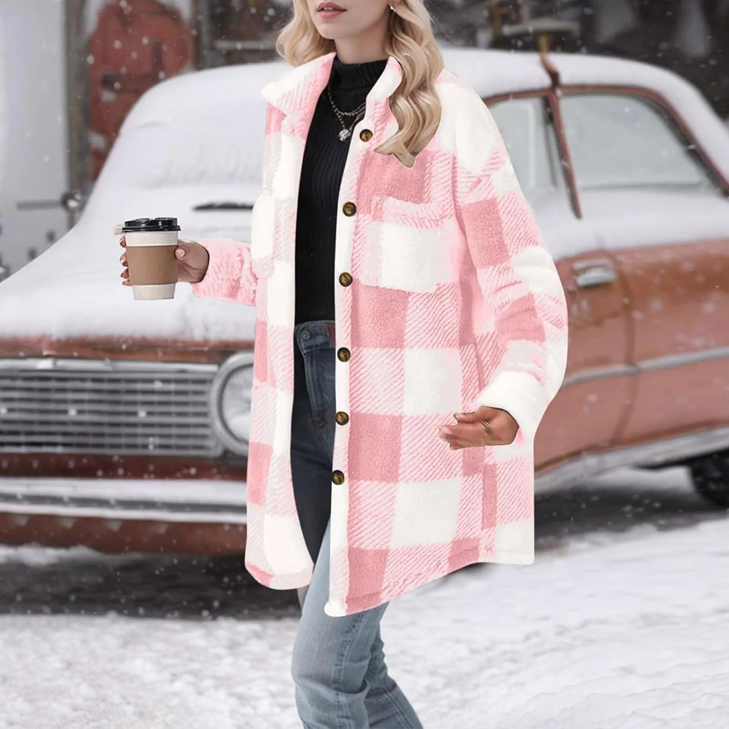Womens Flannel Shacket Jacket Casual Sherpa Plaid Long Sleeve Shirt Trendy Oversized Coats Fall Clothes Winter Outfit