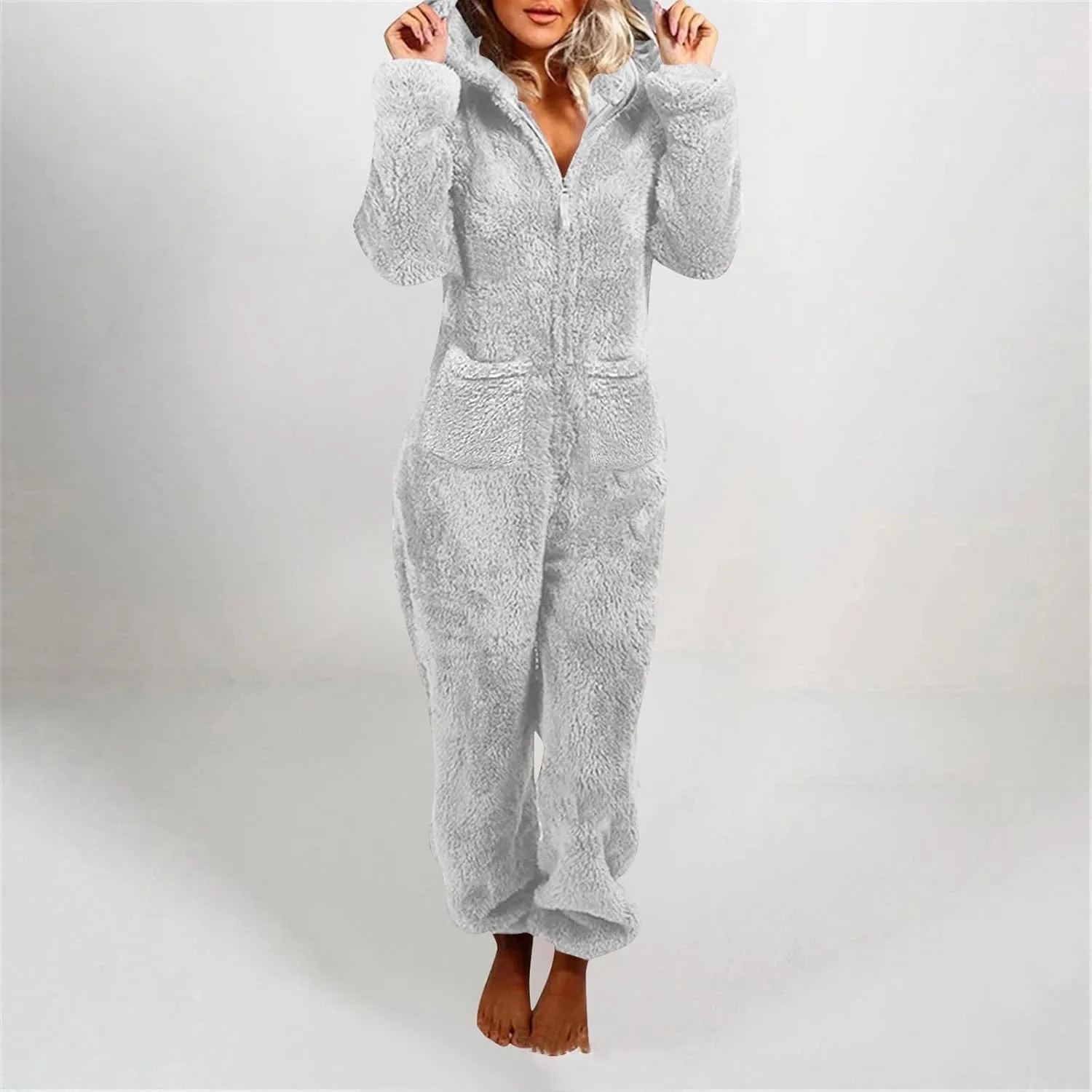 Womens Fleece Onesies Pajamas Jumpsuit Warm Sherpa Romper Sleepwear One Piece Zipper Hooded Playsuit Loungewear