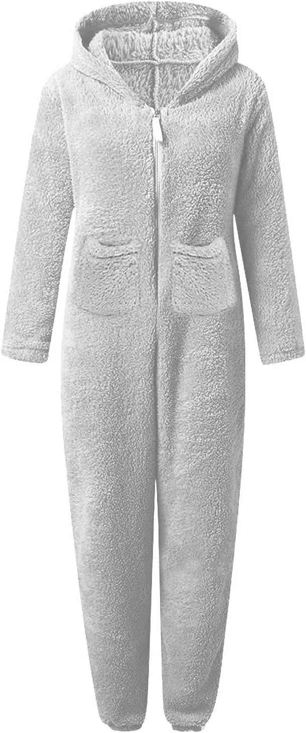 Womens Fleece Onesies Pajamas Jumpsuit Warm Sherpa Romper Sleepwear One Piece Zipper Hooded Playsuit Loungewear